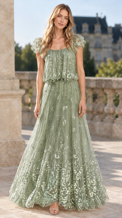 Sage green sequin embellished ruffle sleeve formal maxi gown