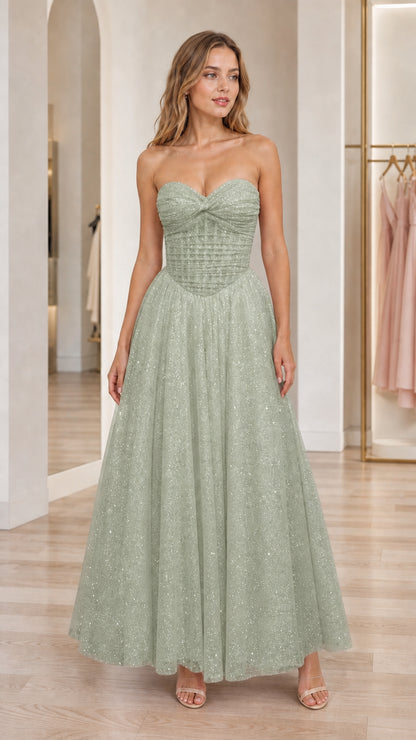 Front view of sage green strapless glitter tulle prom maxi dress