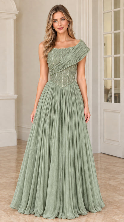 Front view of model wearing Sage Green one-shoulder beaded pleated maxi gown