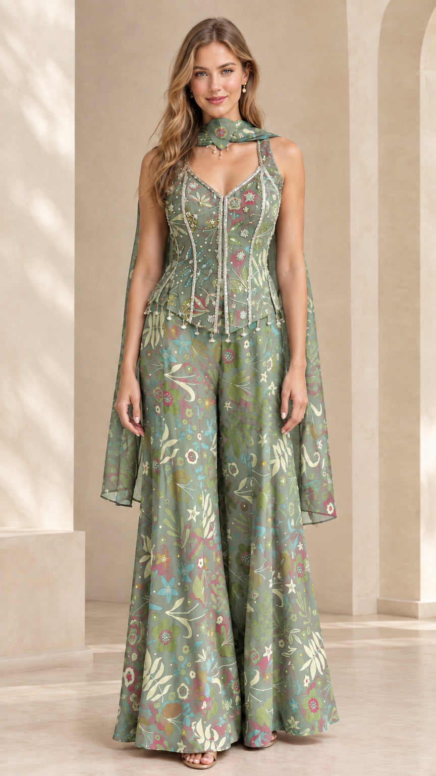 Full length view of floral corset wide-leg jumpsuit in sage green