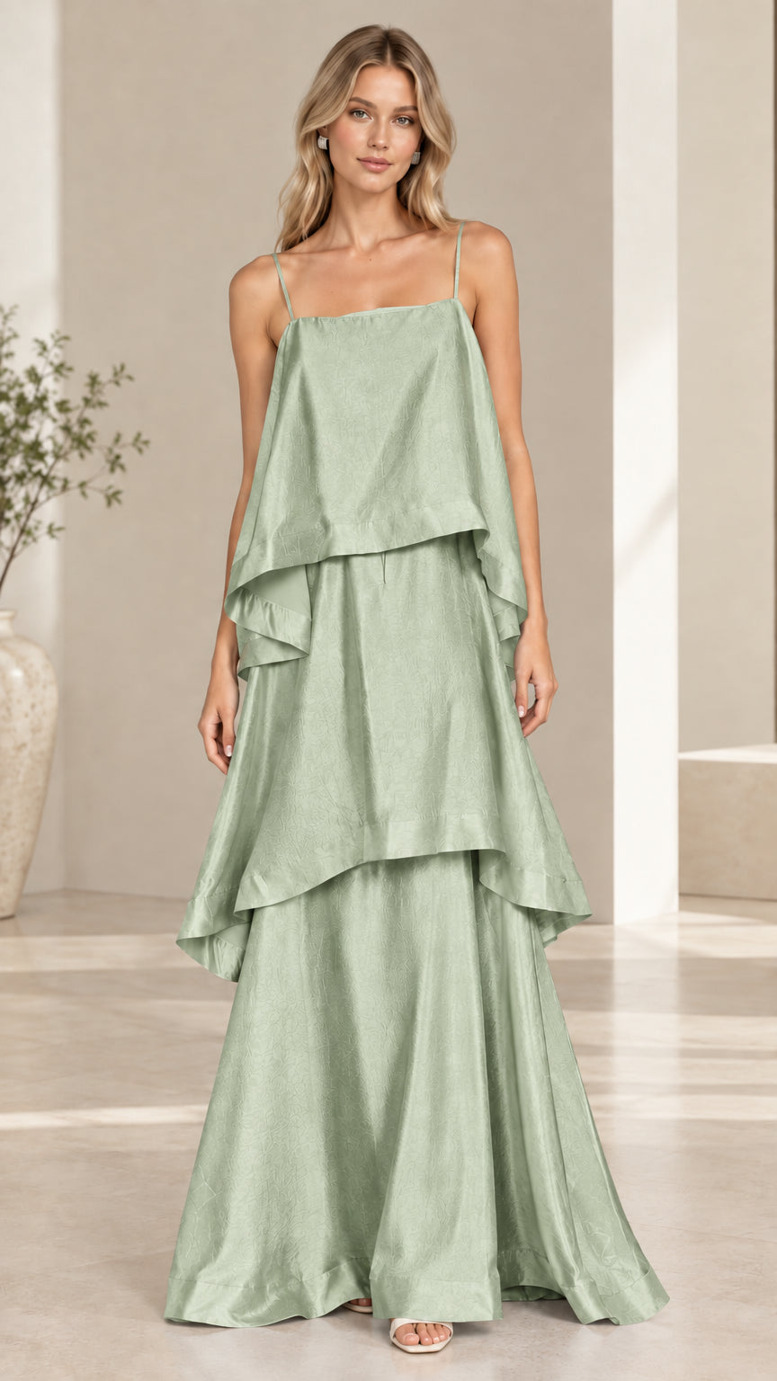 Model wearing sage green tiered cami maxi dress front view