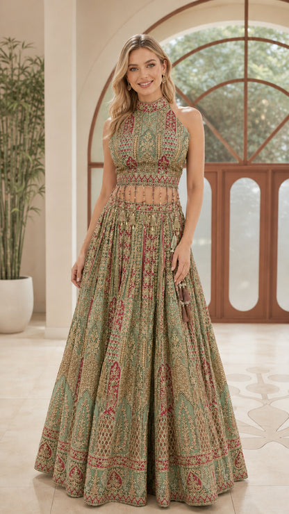 Model wearing Sage Green embroidered halter crop top and maxi skirt set