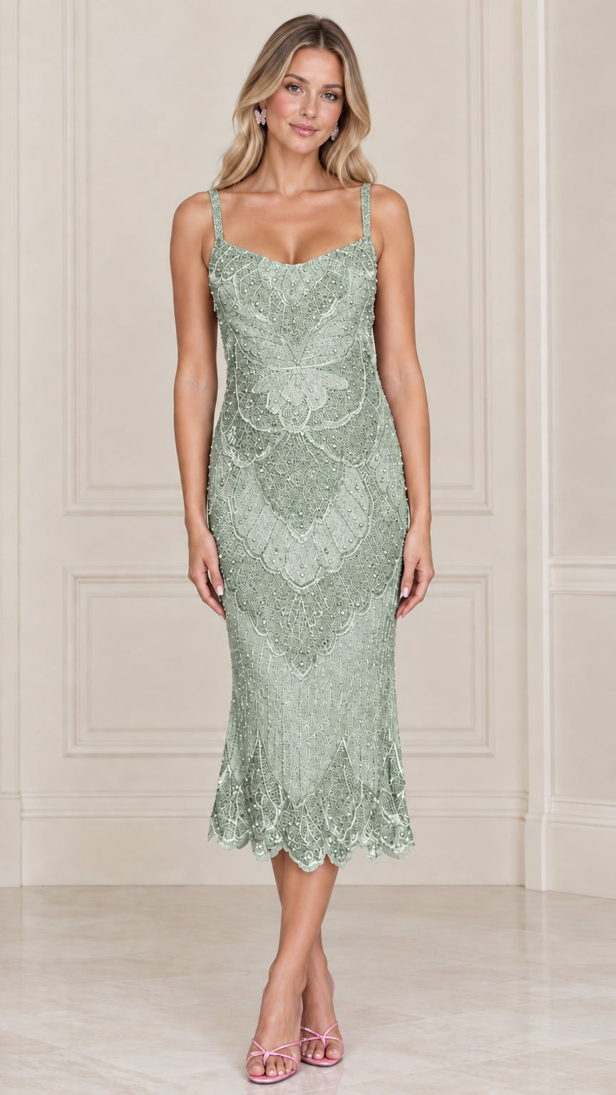 Front view of sage green beaded lace sleeveless midi dress