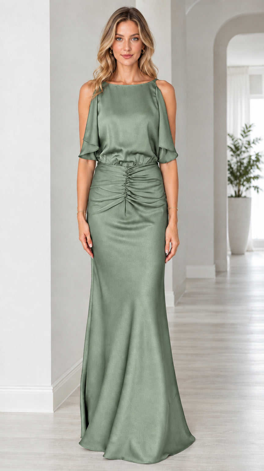 Front view of model wearing sage green satin floor-length evening gown