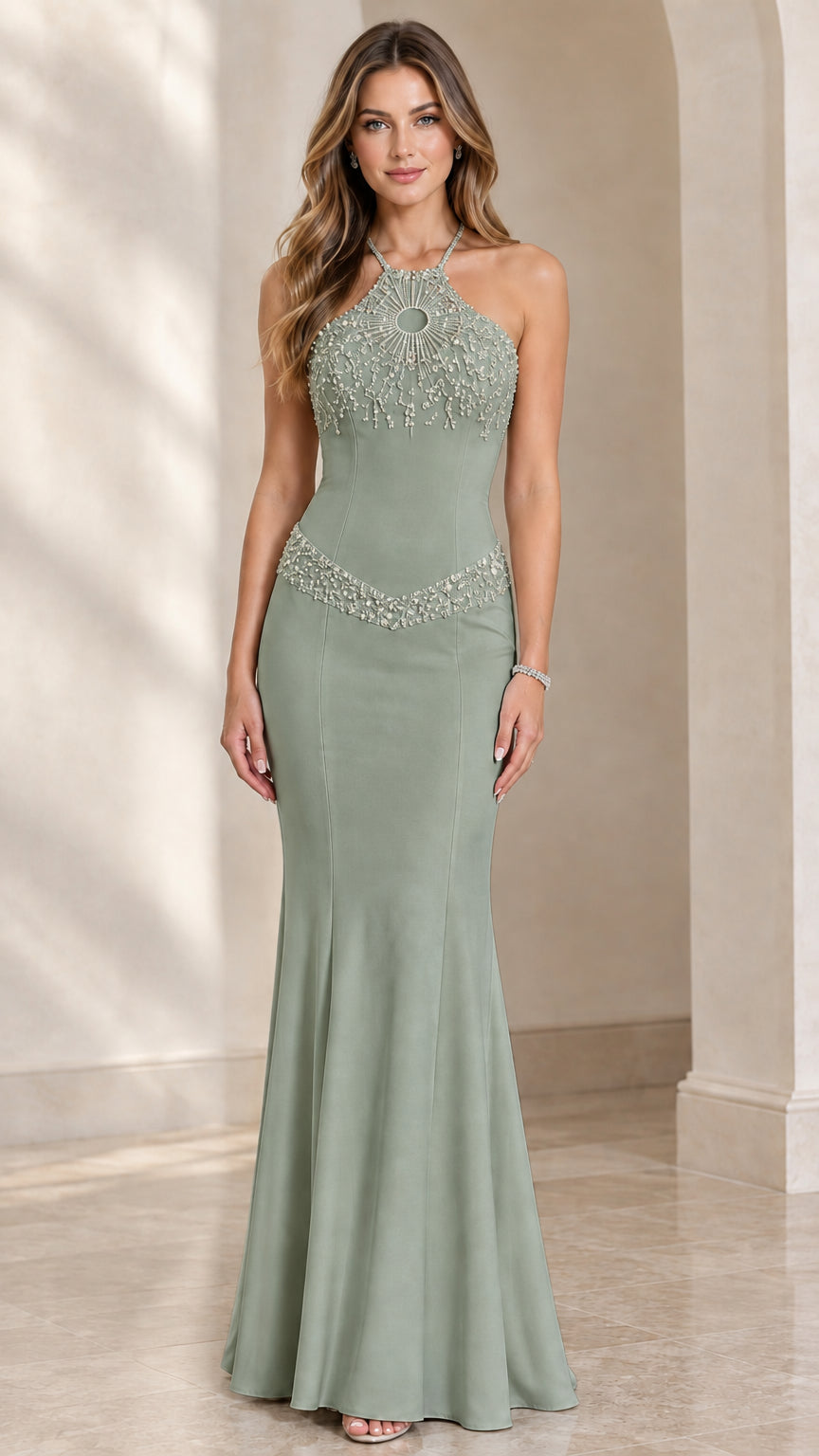 Model wearing sage green beaded halter neck mermaid formal dress