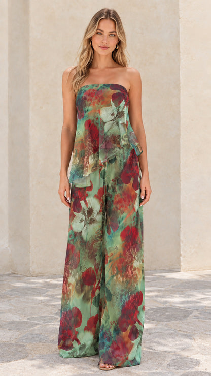 Front view of green multi floral strapless tiered wide-leg two-piece set