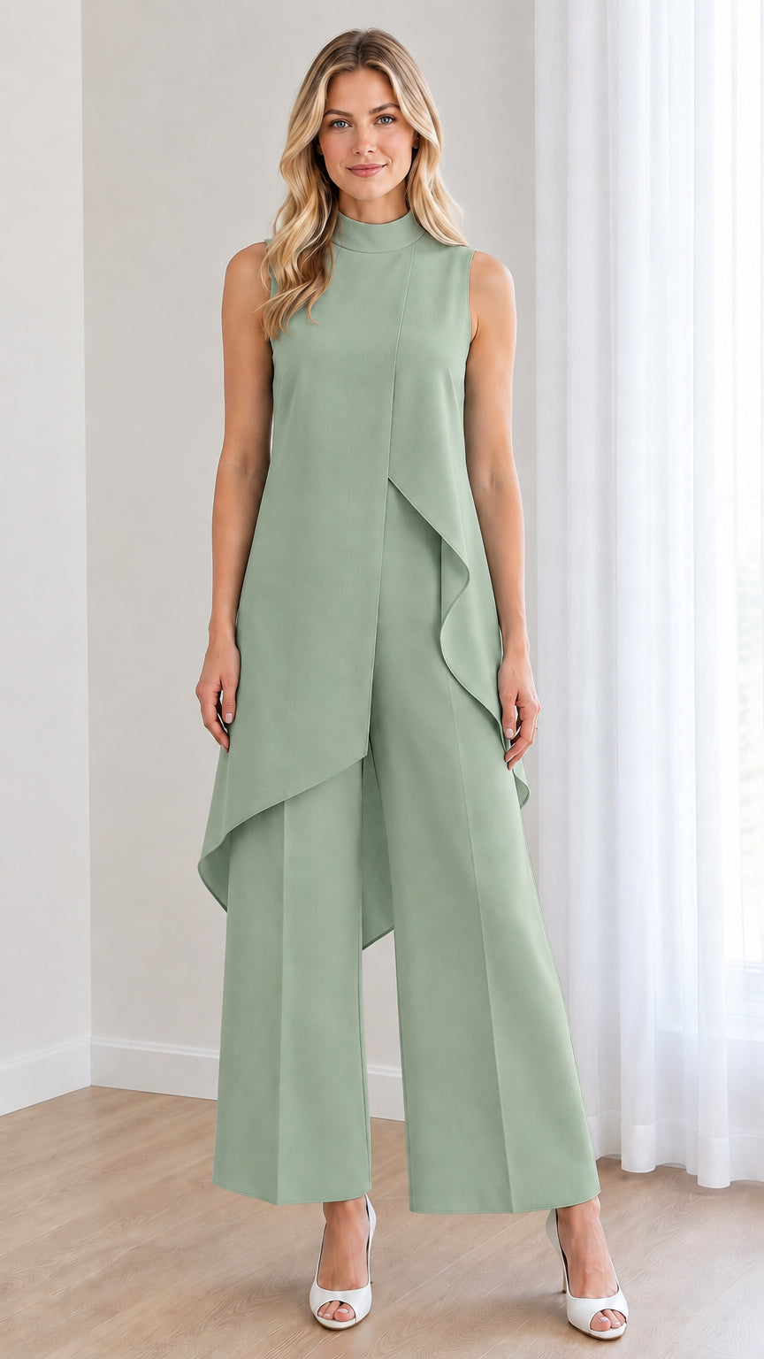 Front view of sage green mock neck layered jumpsuit