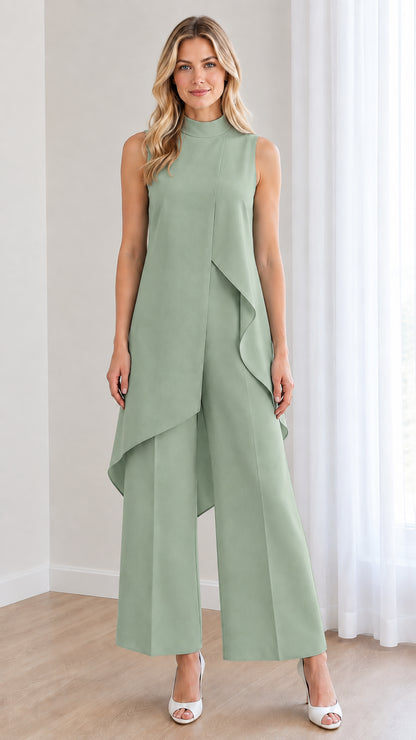 Front view of sage green mock neck layered jumpsuit