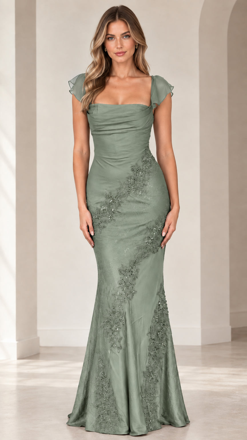 Front view of sage green flutter sleeve floor-length formal gown with delicate floral appliques