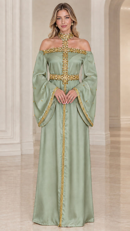 Front full-length view of sage green satin embellished maxi dress with bell sleeves