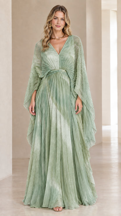 Front view of model wearing sage green pleated cape sleeve evening gown