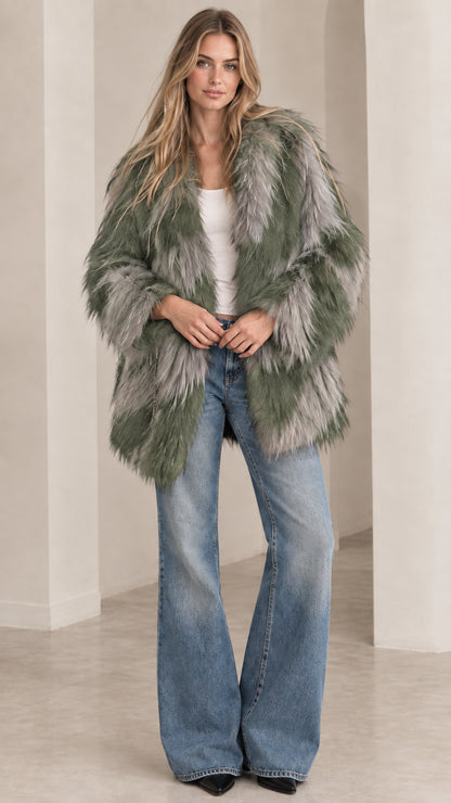 Model wearing sage green and grey chevron shaggy faux fur coat