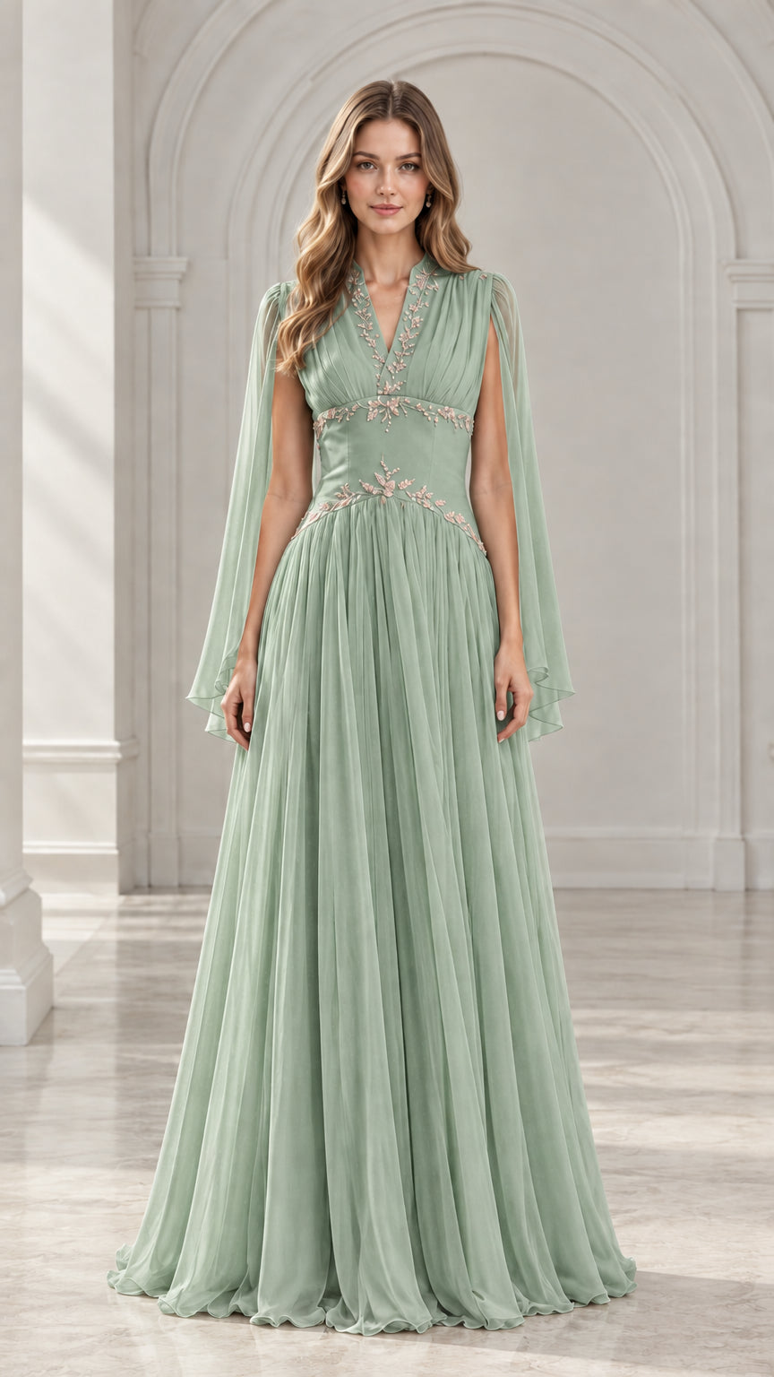 Sage Green cape sleeve embroidered formal maxi dress front view