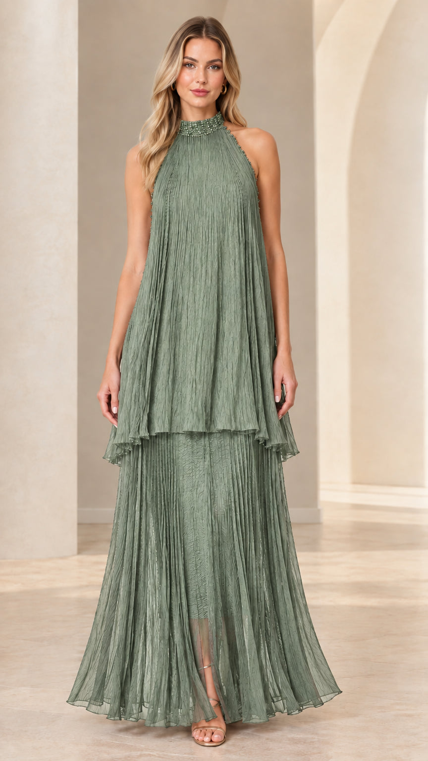 Sage Green pleated tiered halter neck maxi dress