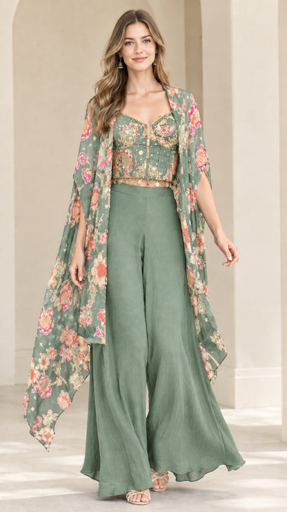 Sage green 3-piece floral printed cape and palazzo co-ord set