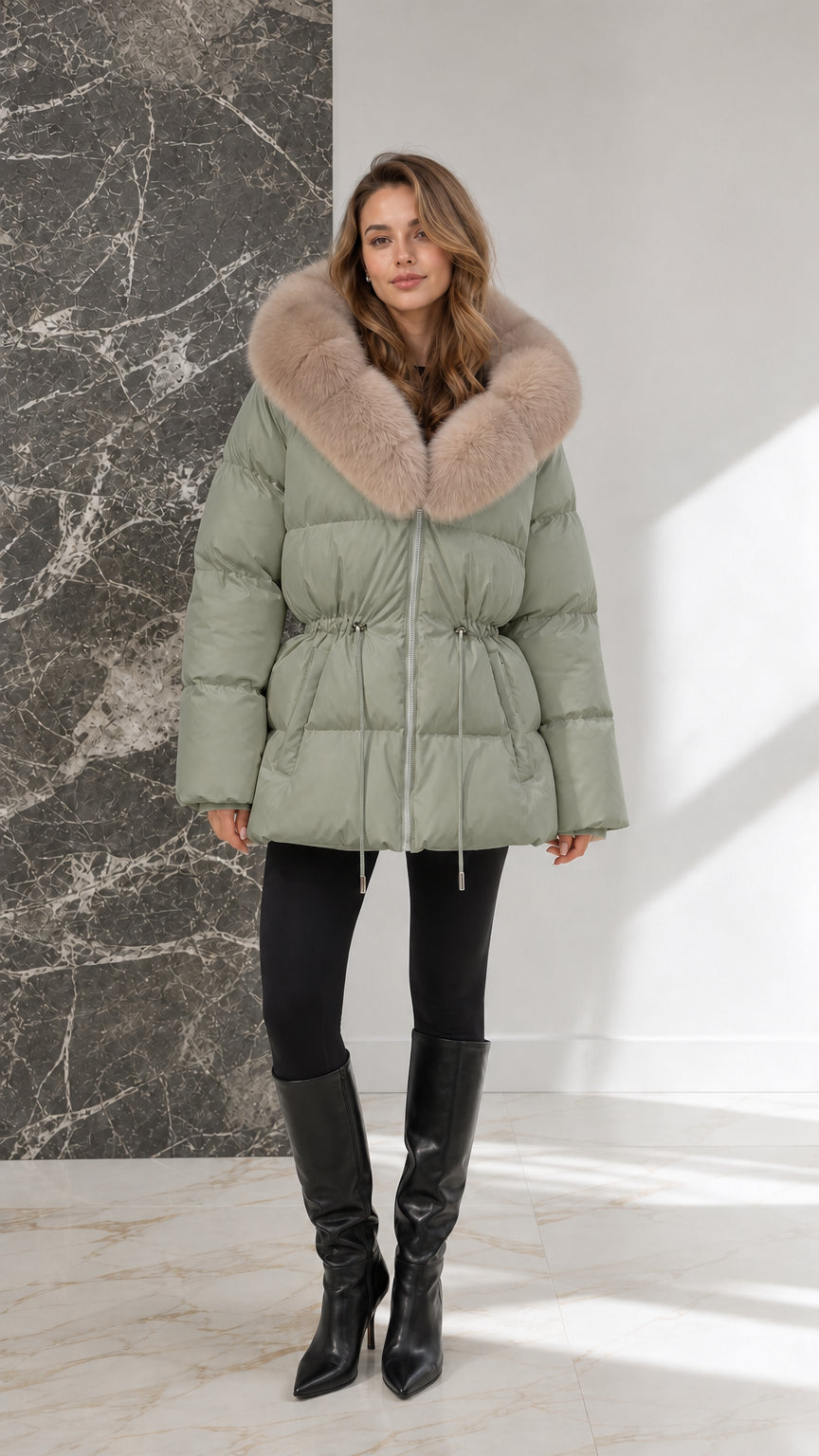 Full-body view of model wearing sage green quilted puffer parka with fur collar