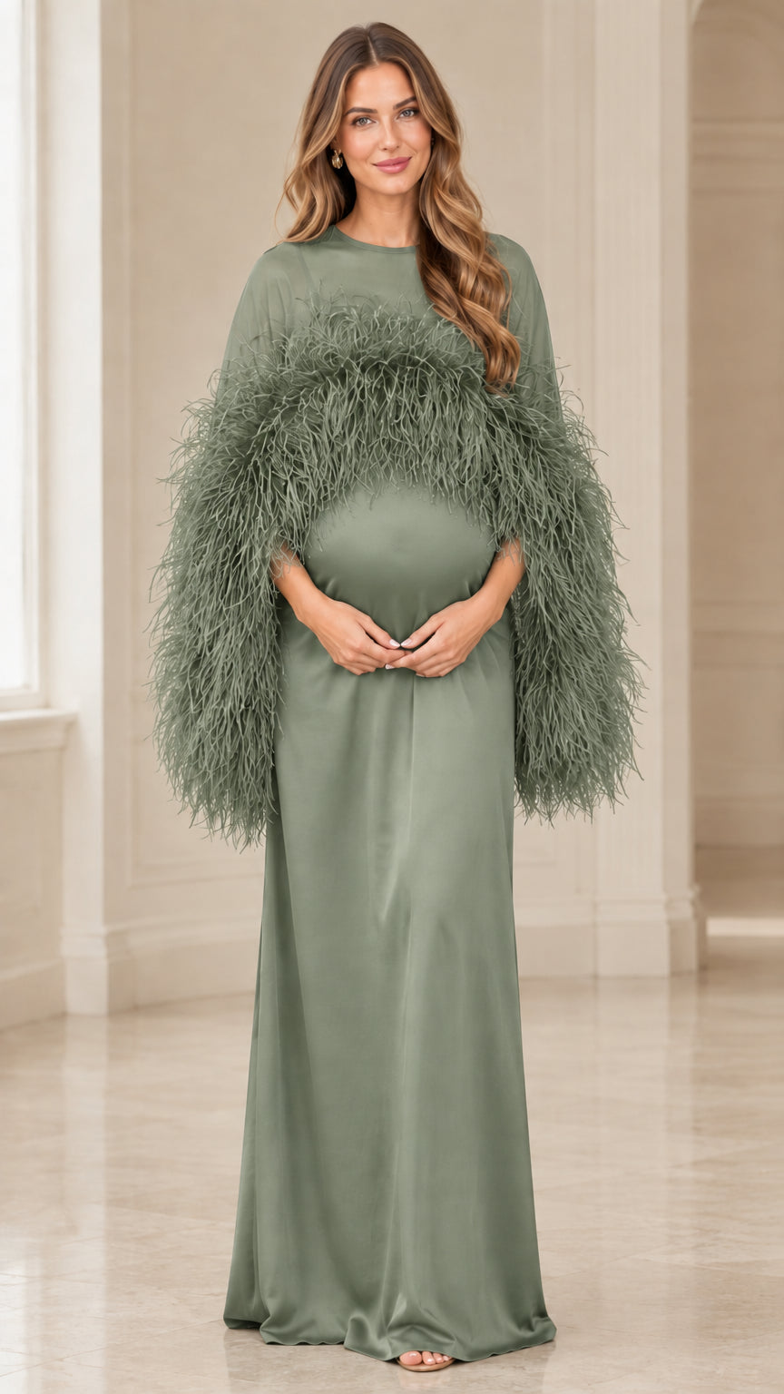 Sage green illusion neck feather trim maternity maxi dress