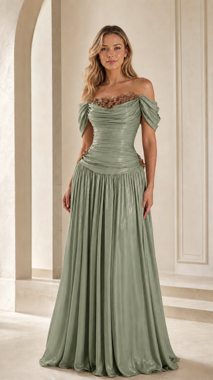 Sage green pleated off-the-shoulder evening gown with beaded detail