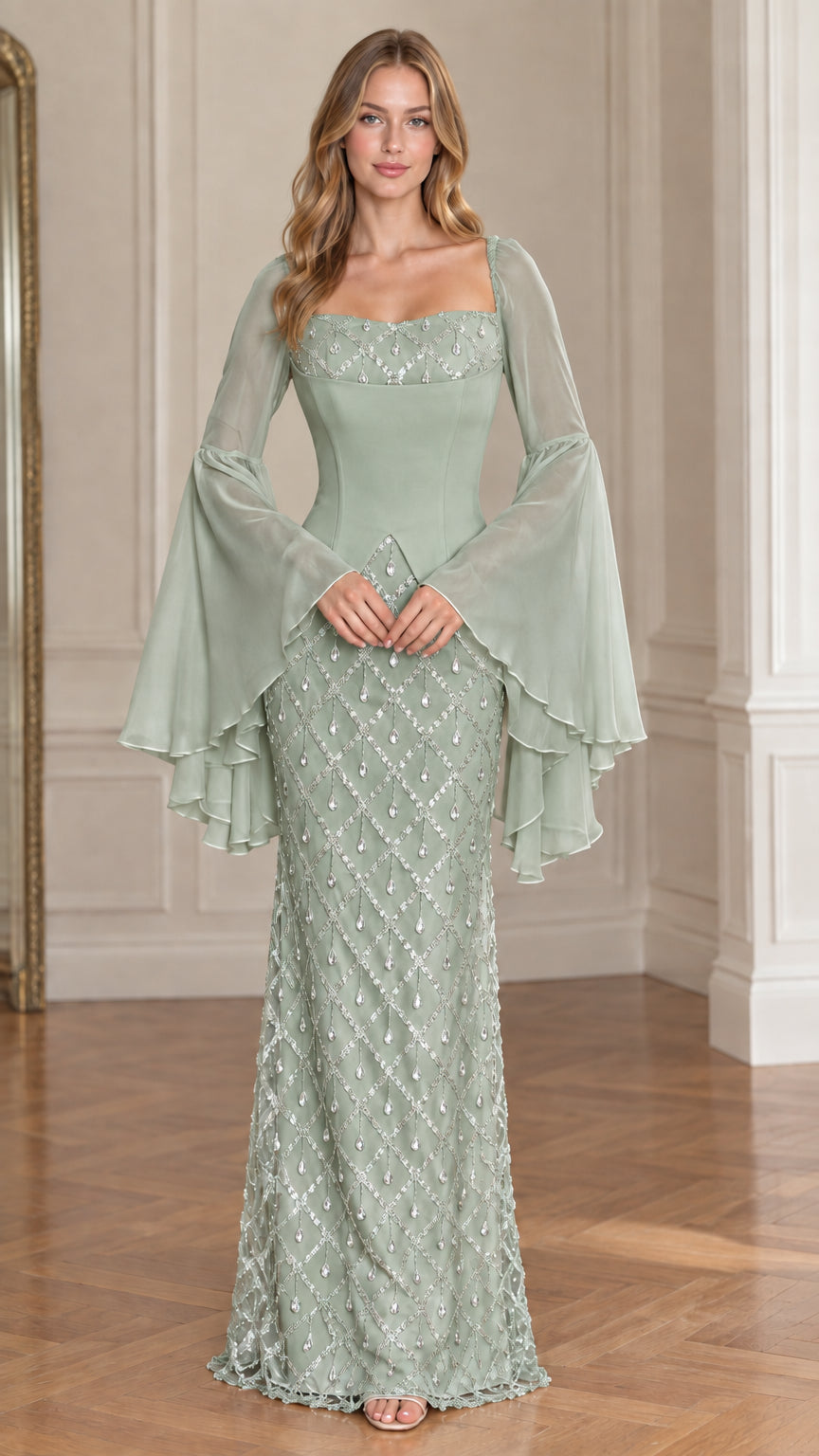 Front view of model wearing Sage Green beaded formal maxi dress with flared sleeves