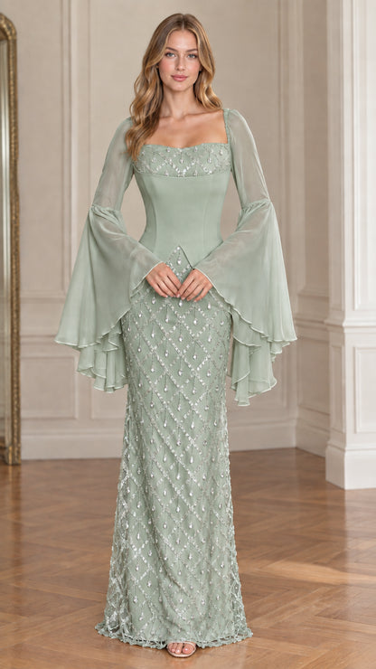 Front view of model wearing Sage Green beaded formal maxi dress with flared sleeves