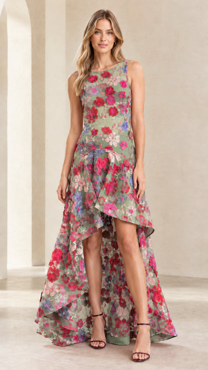 Sage Green floral embroidered high-low evening gown