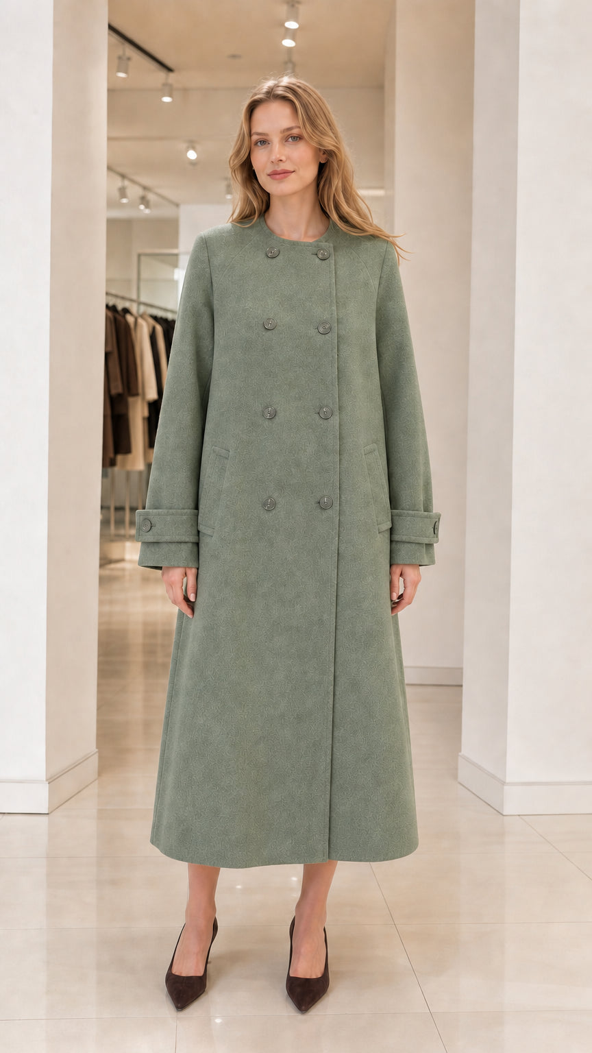 Front view of woman wearing sage green double-breasted maxi overcoat