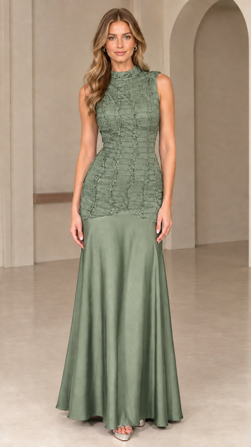 Front view of sage green sleeveless drop-waist formal maxi dress