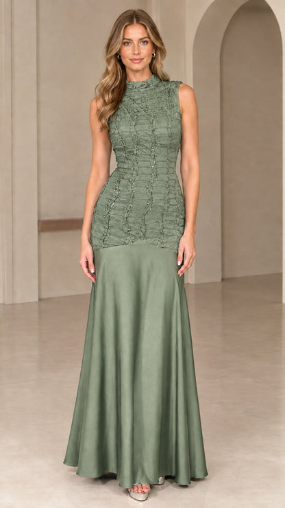 Front view of sage green sleeveless drop-waist formal maxi dress