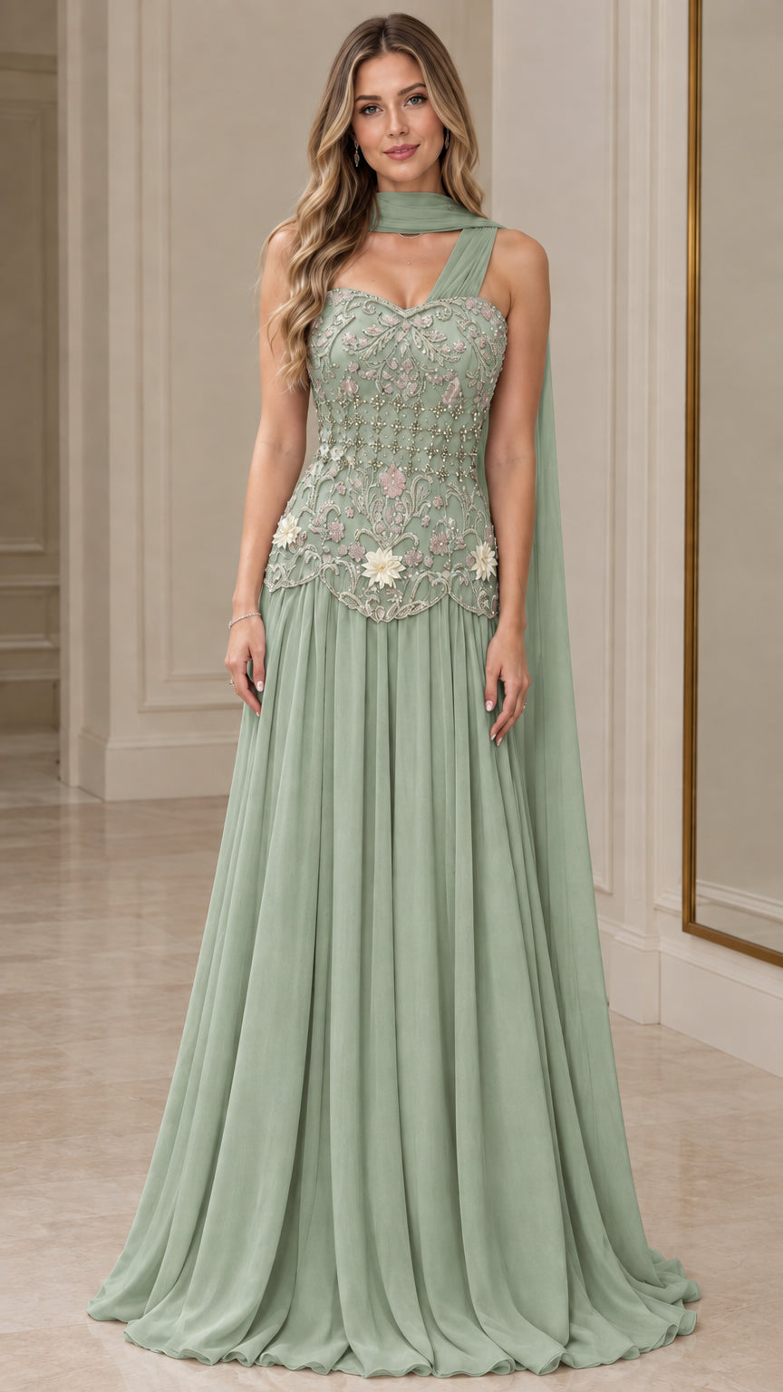 Sage green beaded floral bodice evening gown with flowing chiffon cape