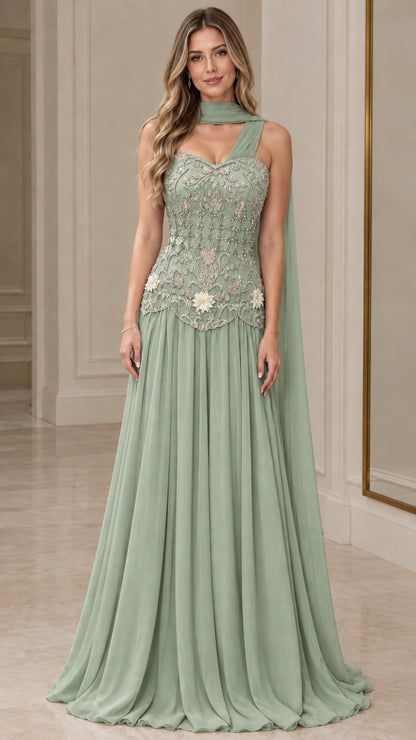 Sage green beaded floral bodice evening gown with flowing chiffon cape