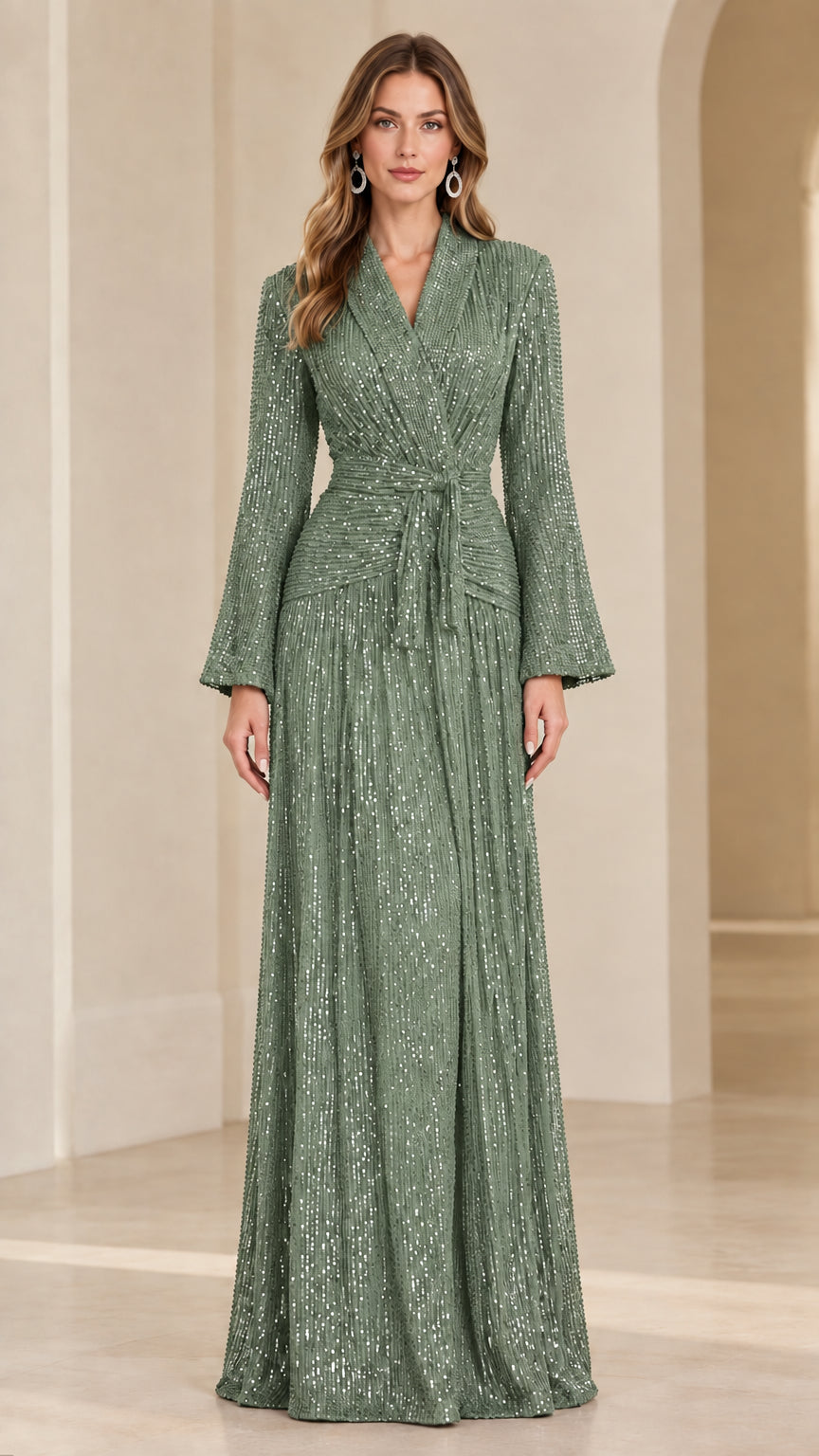 Model wearing sage green long-sleeve sequin formal evening gown