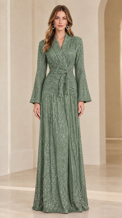 Model wearing sage green long-sleeve sequin formal evening gown
