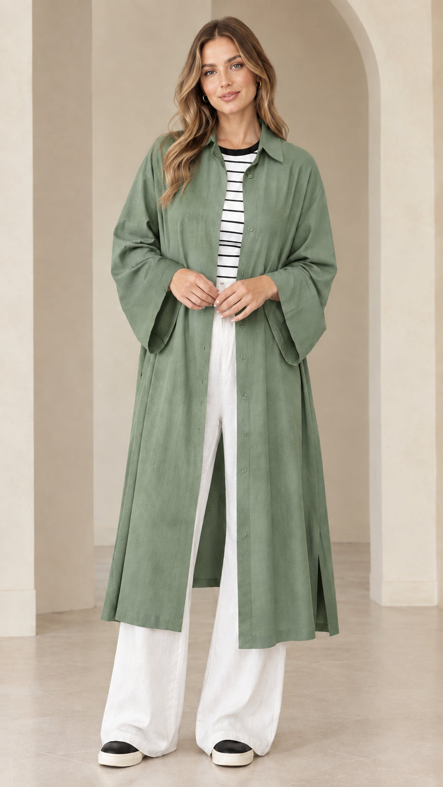 Model wearing sage green wide sleeve long duster shirt dress