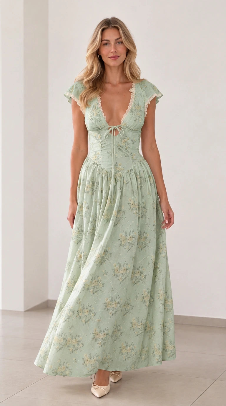 Front view of woman wearing sage green floral plunging tie-front maxi dress
