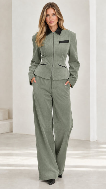 Front full view of sage green corduroy two-piece suit set with wide-leg pants
