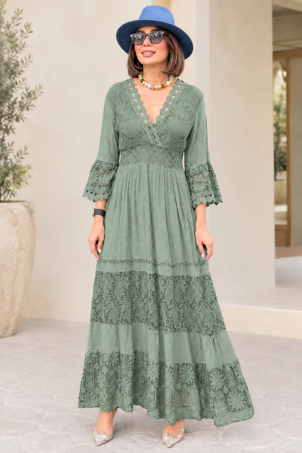 Sage Green tiered lace maxi dress with scalloped neckline and bell sleeves