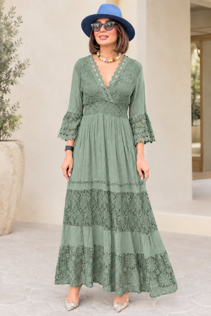 Sage Green tiered lace maxi dress with scalloped neckline and bell sleeves
