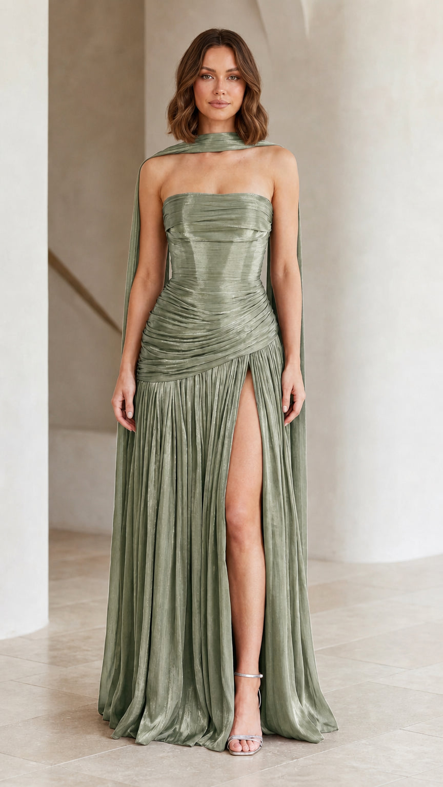 Sage green strapless shimmer pleated maxi dress with scarf detail