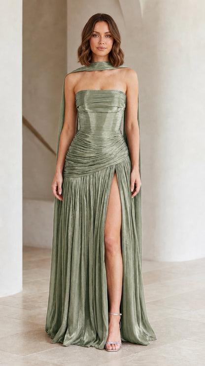 Sage green strapless shimmer pleated maxi dress with scarf detail