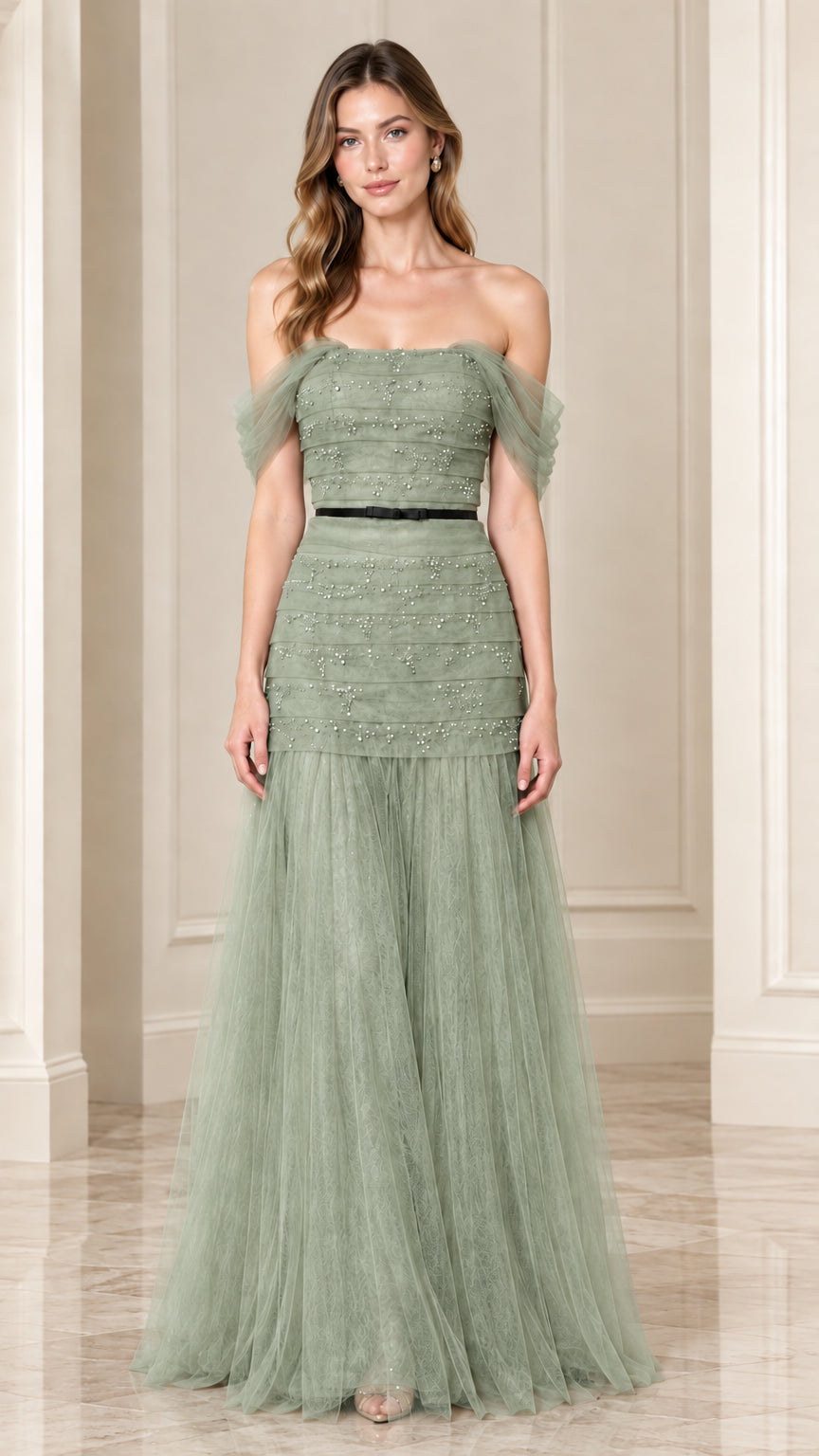 Full-length front view of sage green off-the-shoulder beaded tulle formal dress