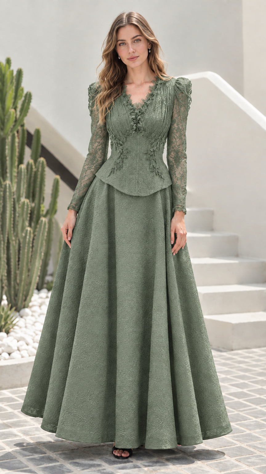 Sage green long sleeve lace peplum maxi evening gown