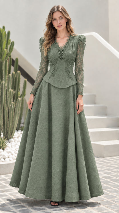 Sage green long sleeve lace peplum maxi evening gown