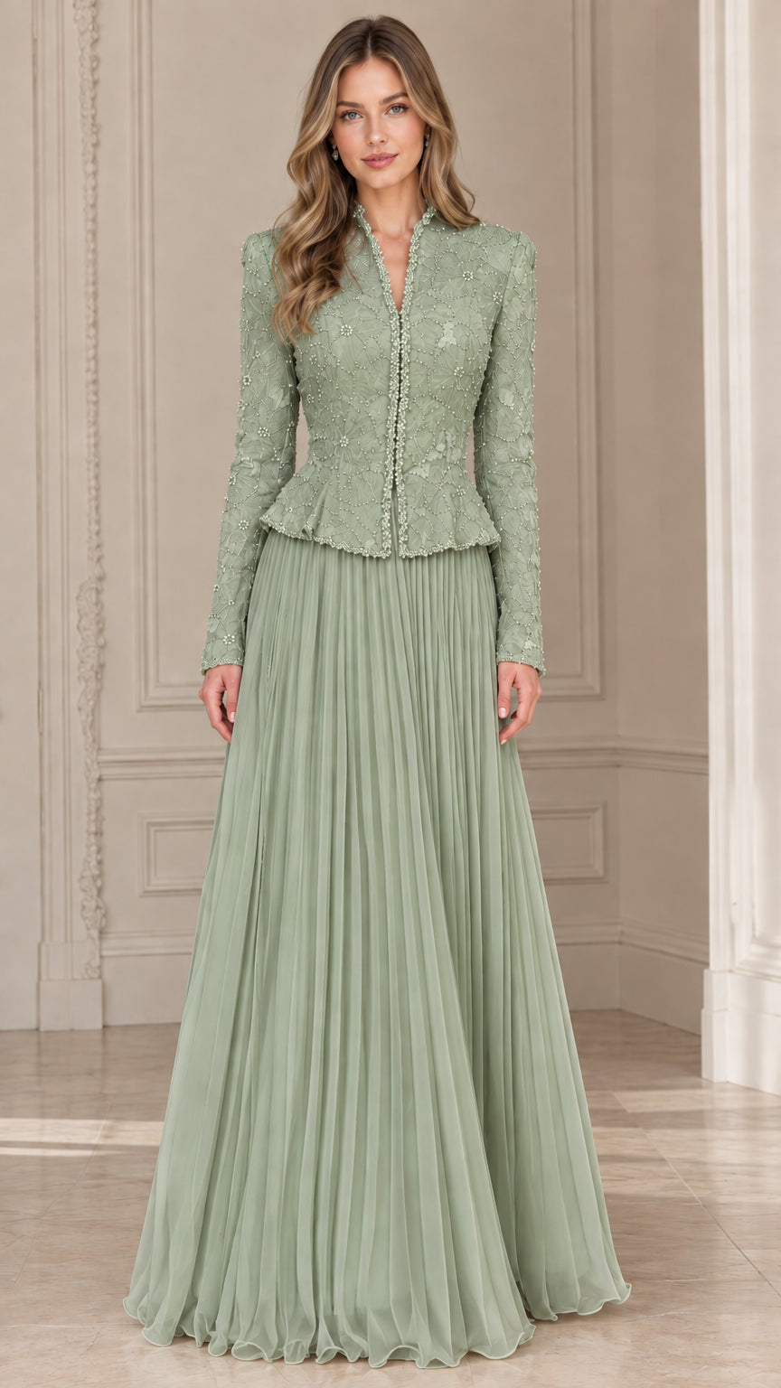 Sage green embellished peplum jacket and pleated maxi skirt evening set