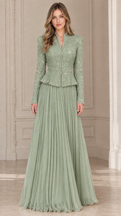 Sage green embellished peplum jacket and pleated maxi skirt evening set