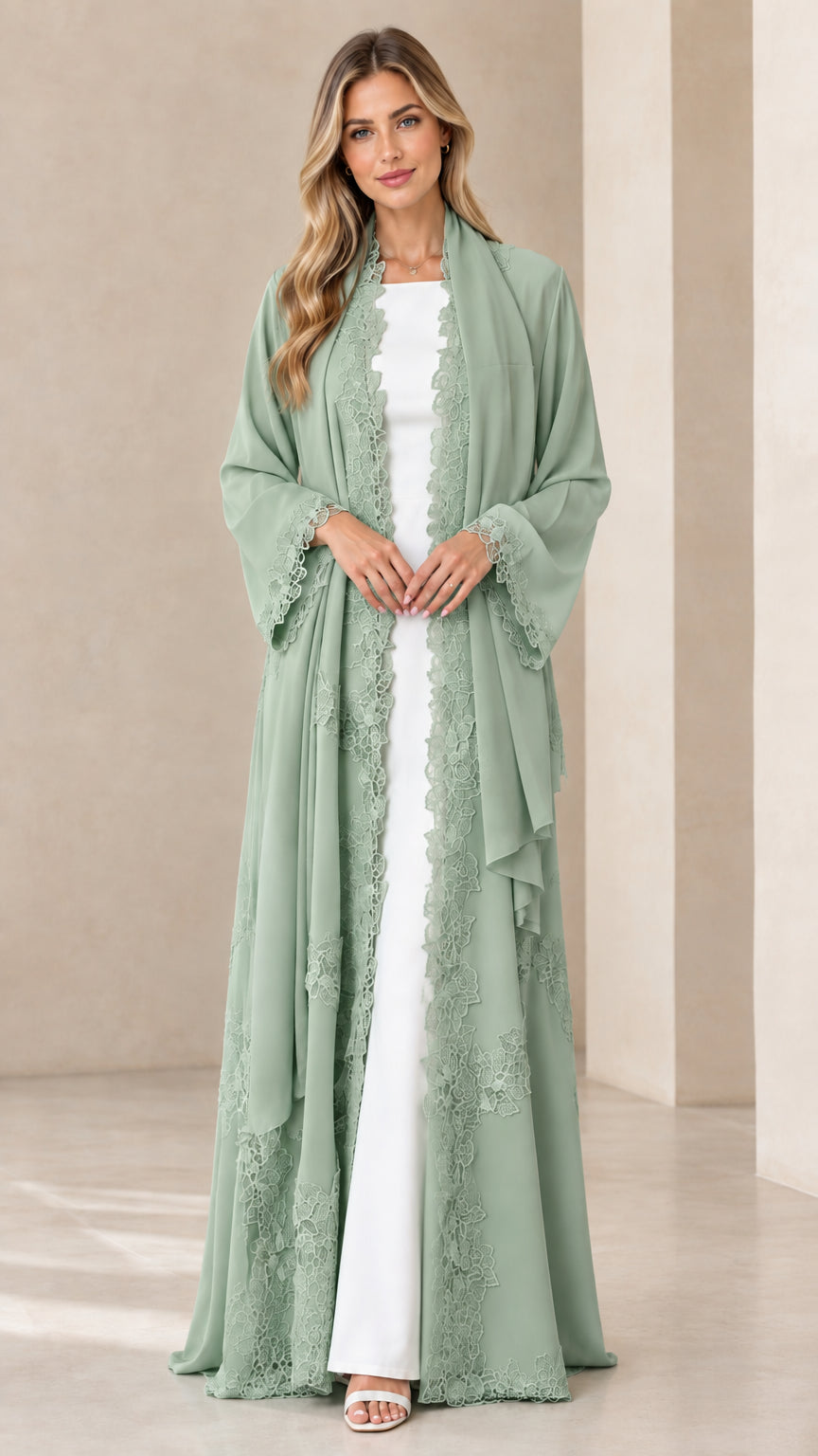 Front view of model wearing sage green floor-length lace-trimmed chiffon kimono duster