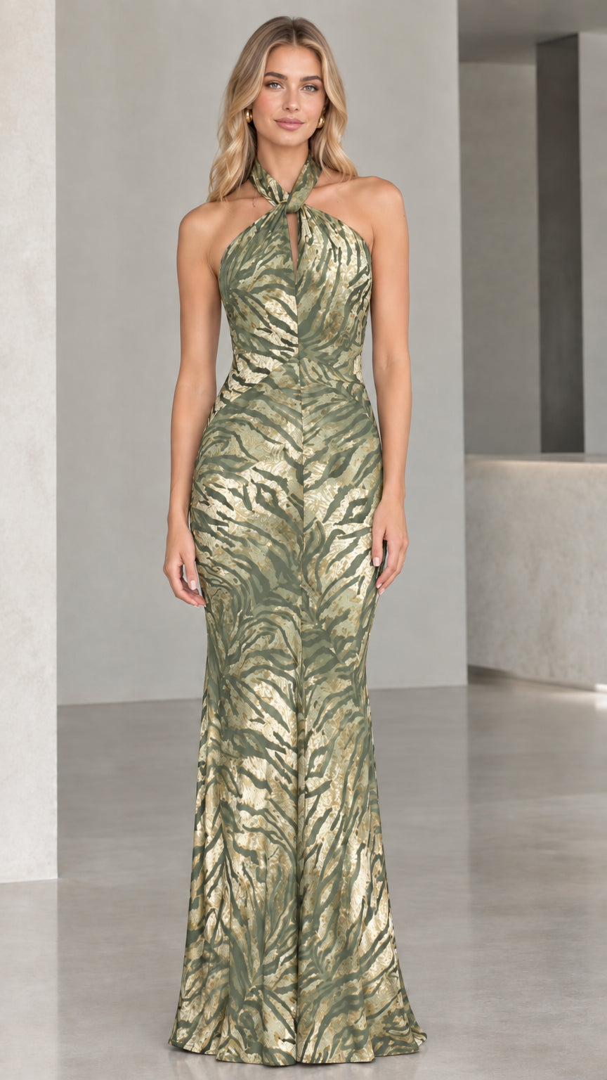 Model wearing Sage Green metallic animal stripe halter maxi dress