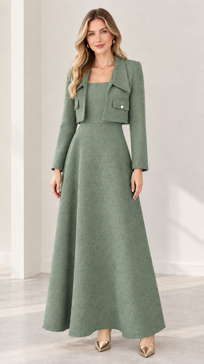 Sage green tweed two-piece maxi dress set for formal occasions