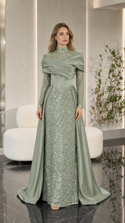 Sage green high neck sequin evening gown with dramatic satin train