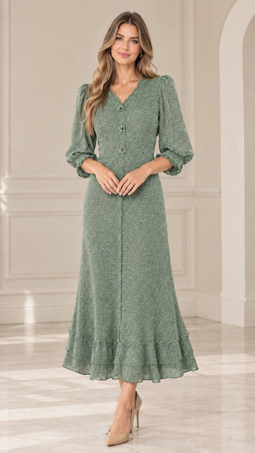 Front view of model wearing Sage Green scalloped V-neck polka dot midi dress