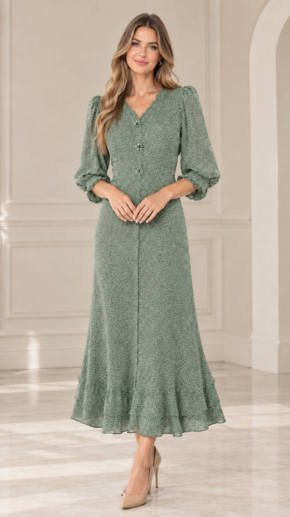 Front view of model wearing Sage Green scalloped V-neck polka dot midi dress